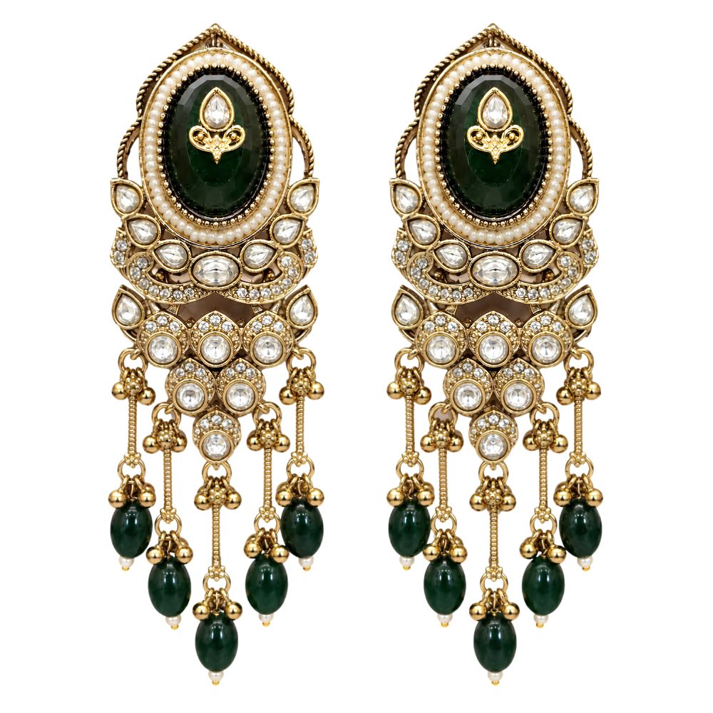 vedisha- Green Kundan Heritage Long Drop Earrings