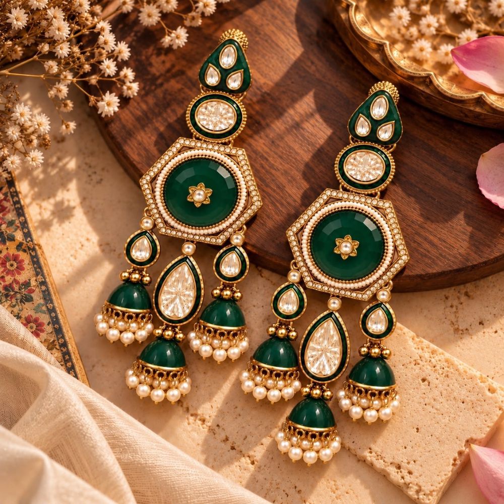 vaarahi- Green Kundan Heritage Jhumka Earrings