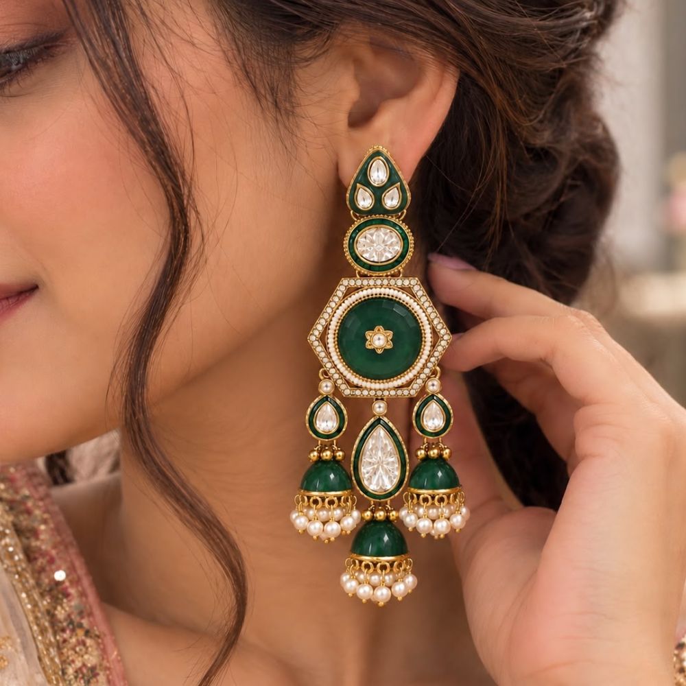 vaarahi- Green Kundan Heritage Jhumka Earrings