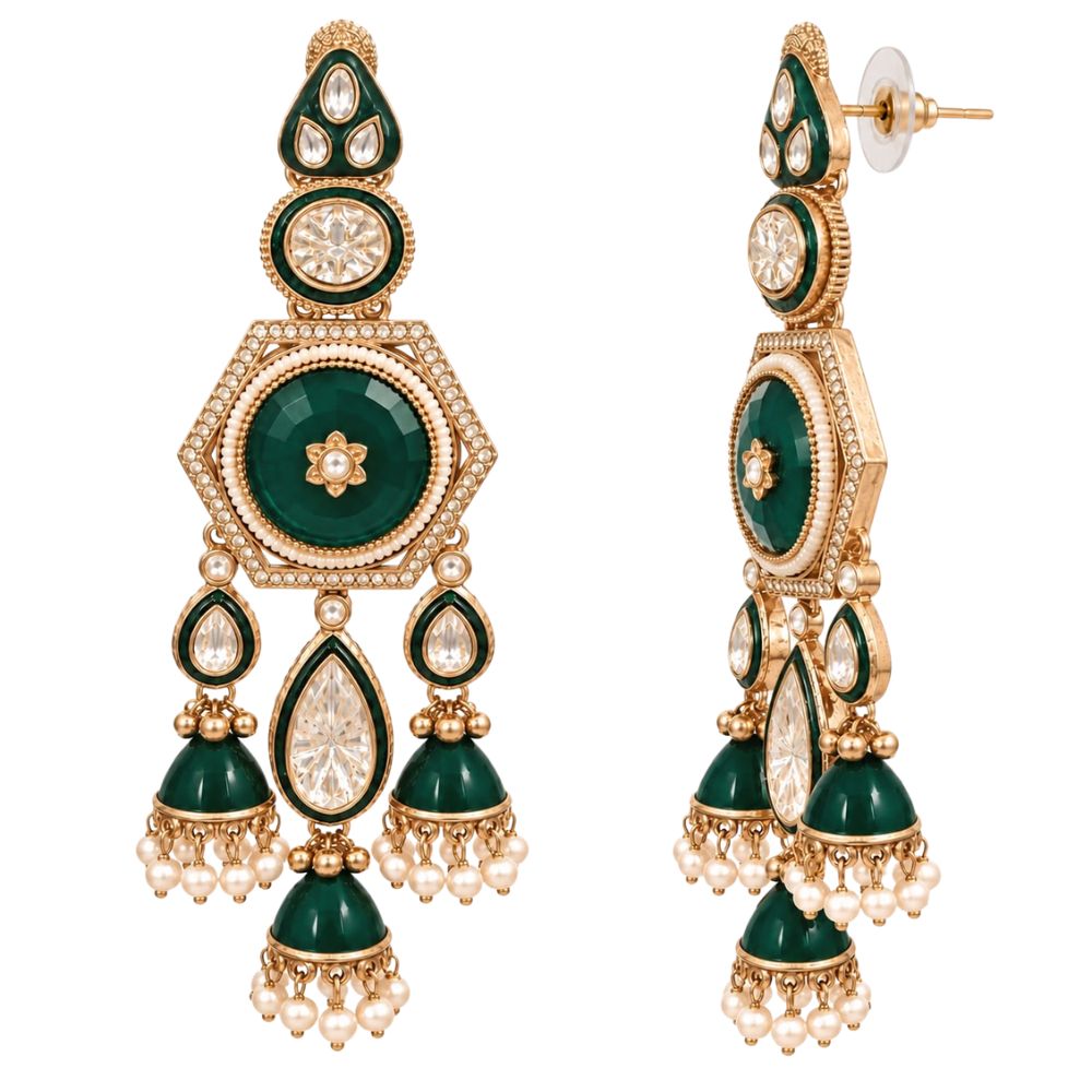 vaarahi- Green Kundan Heritage Jhumka Earrings