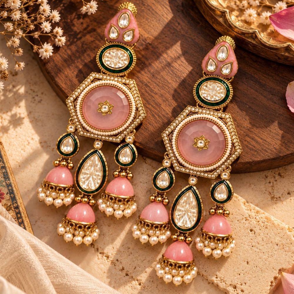 Vaarahi- pink Kundan Heritage Jhumka Earrings