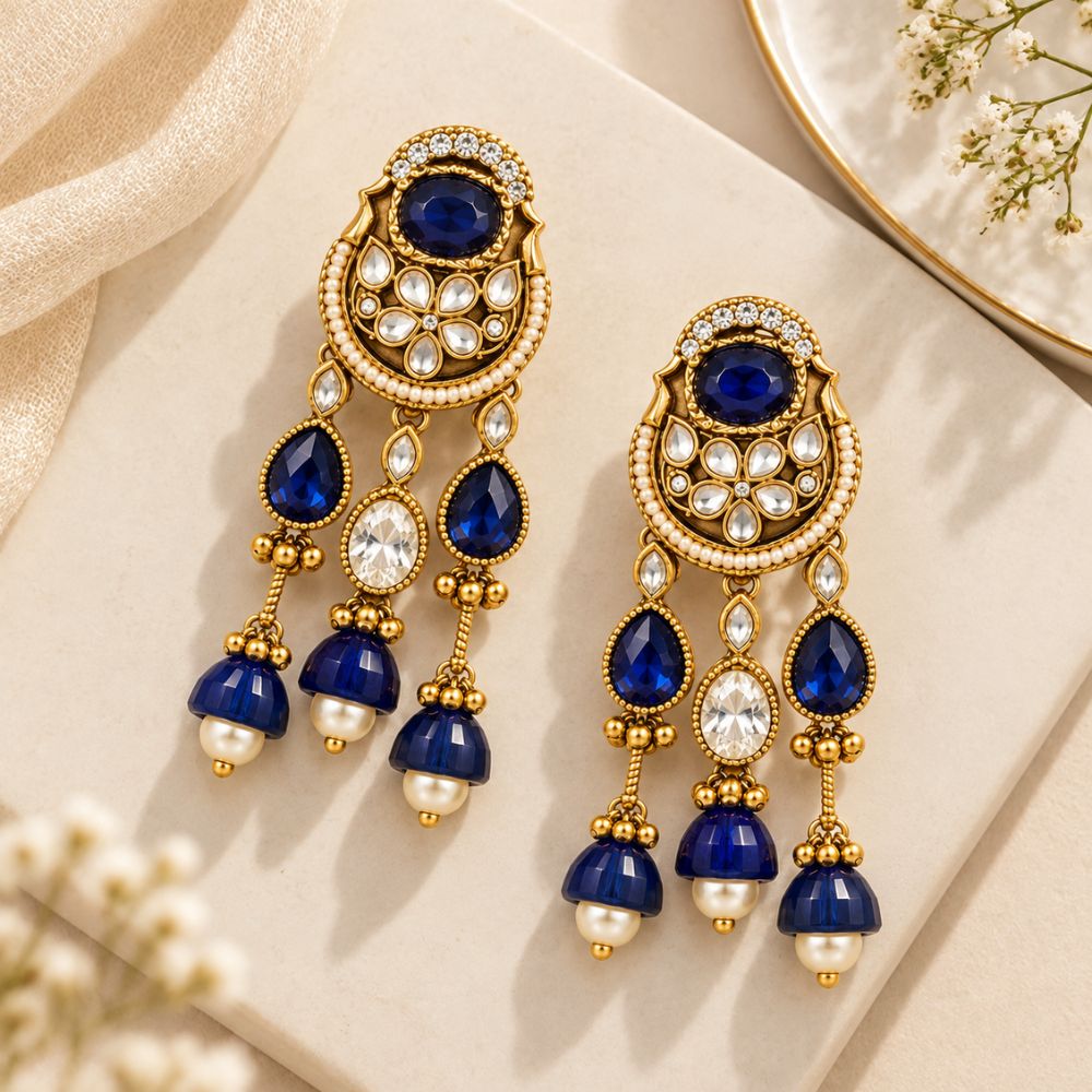 Yachi- Blue Kundan Heritage Drop Earrings