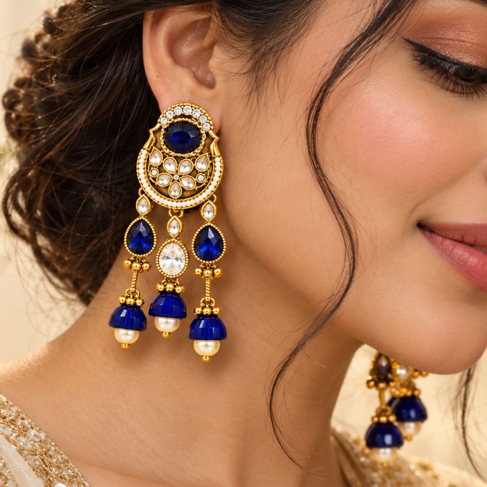 Yachi- Blue Kundan Heritage Drop Earrings