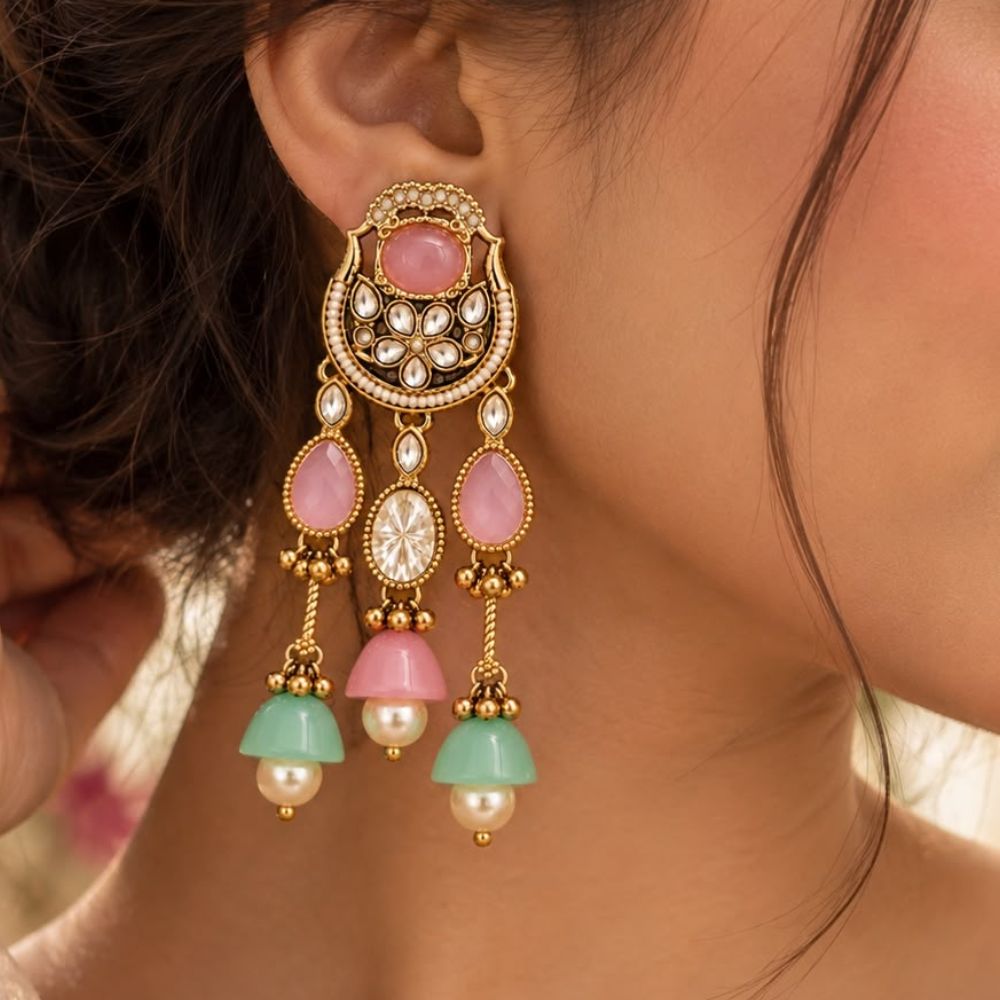 Yachi- Pink Kundan Heritage Drop Earrings