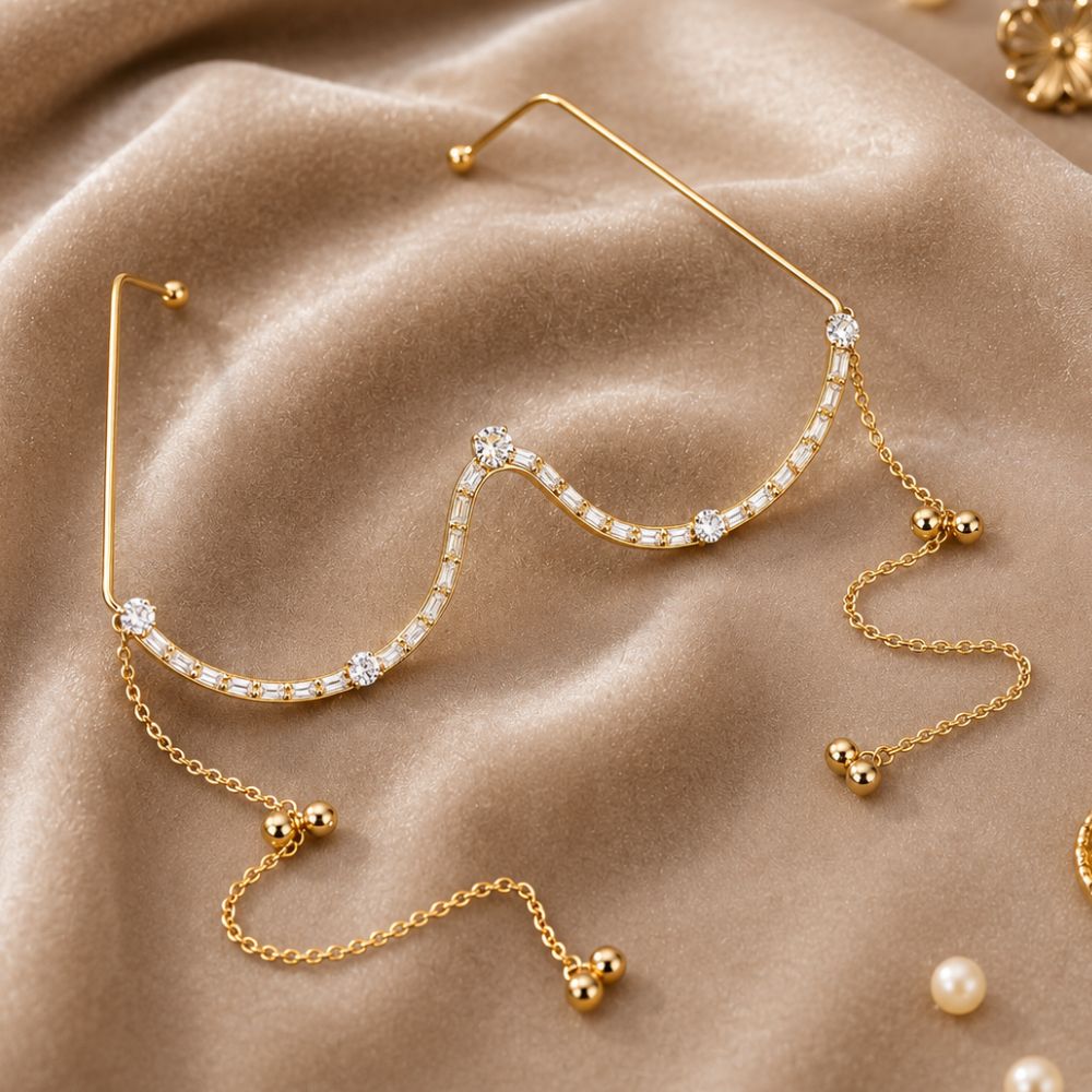 Ayukta- Gold-Toned Crystal Curve Facelet with Tassel Chains