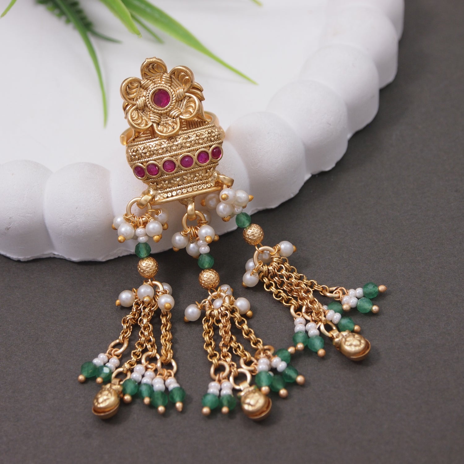 Keyara-Temple Cascade Statement Ring with Green & Pearl Tassels