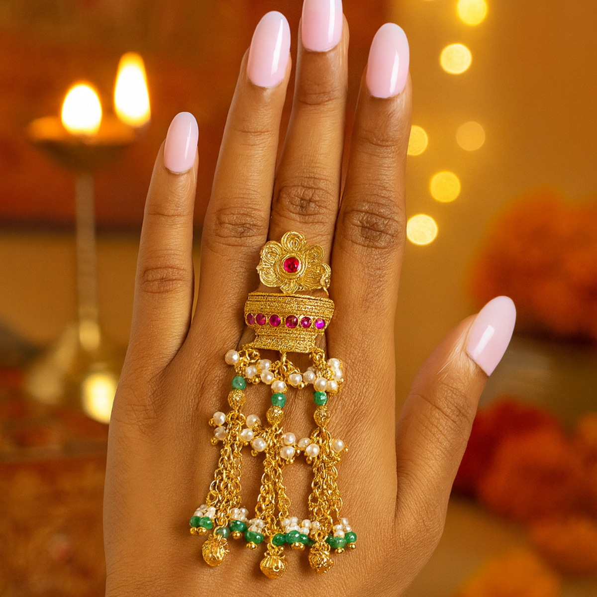 Keyara-Temple Cascade Statement Ring with Green & Pearl Tassels