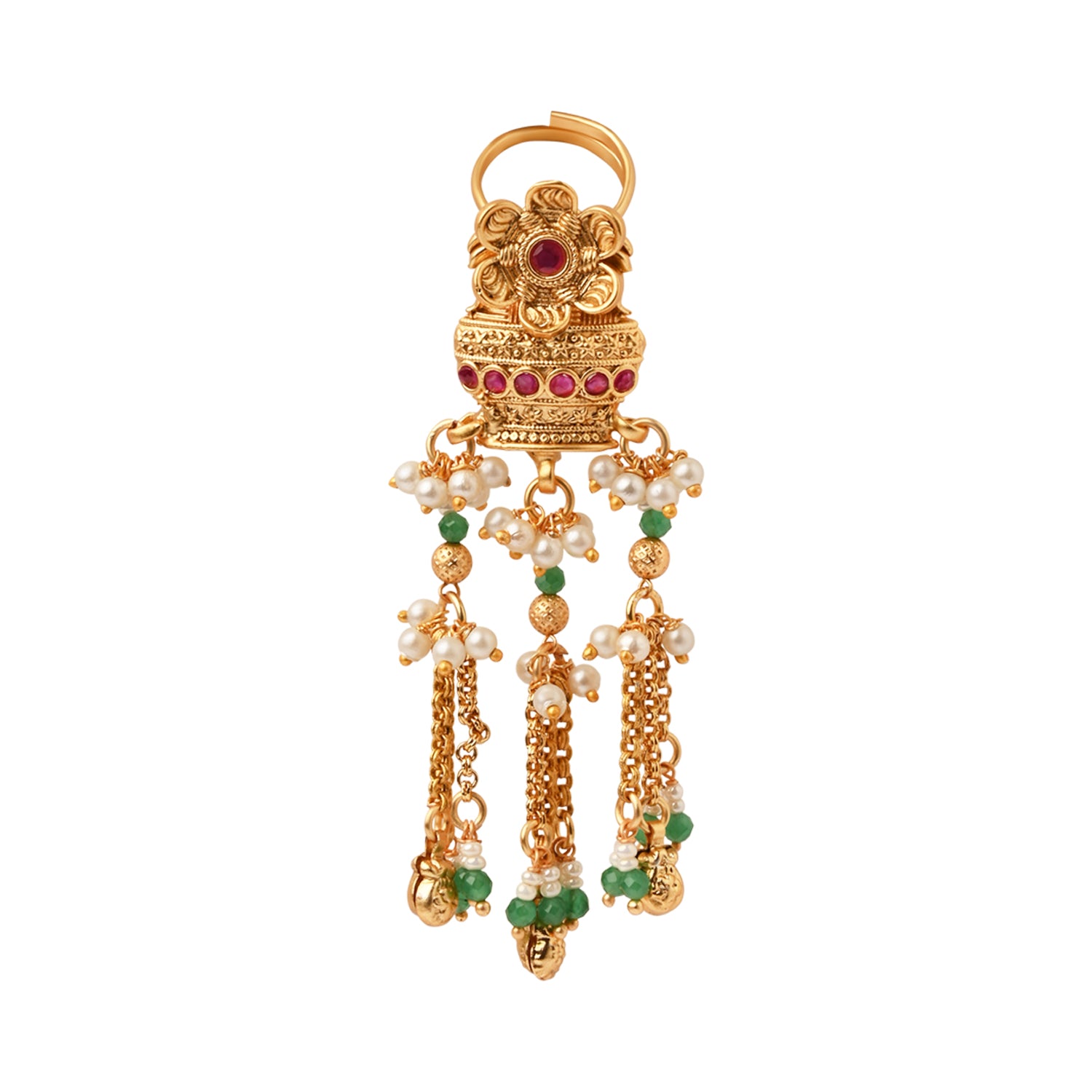Keyara-Temple Cascade Statement Ring with Green & Pearl Tassels