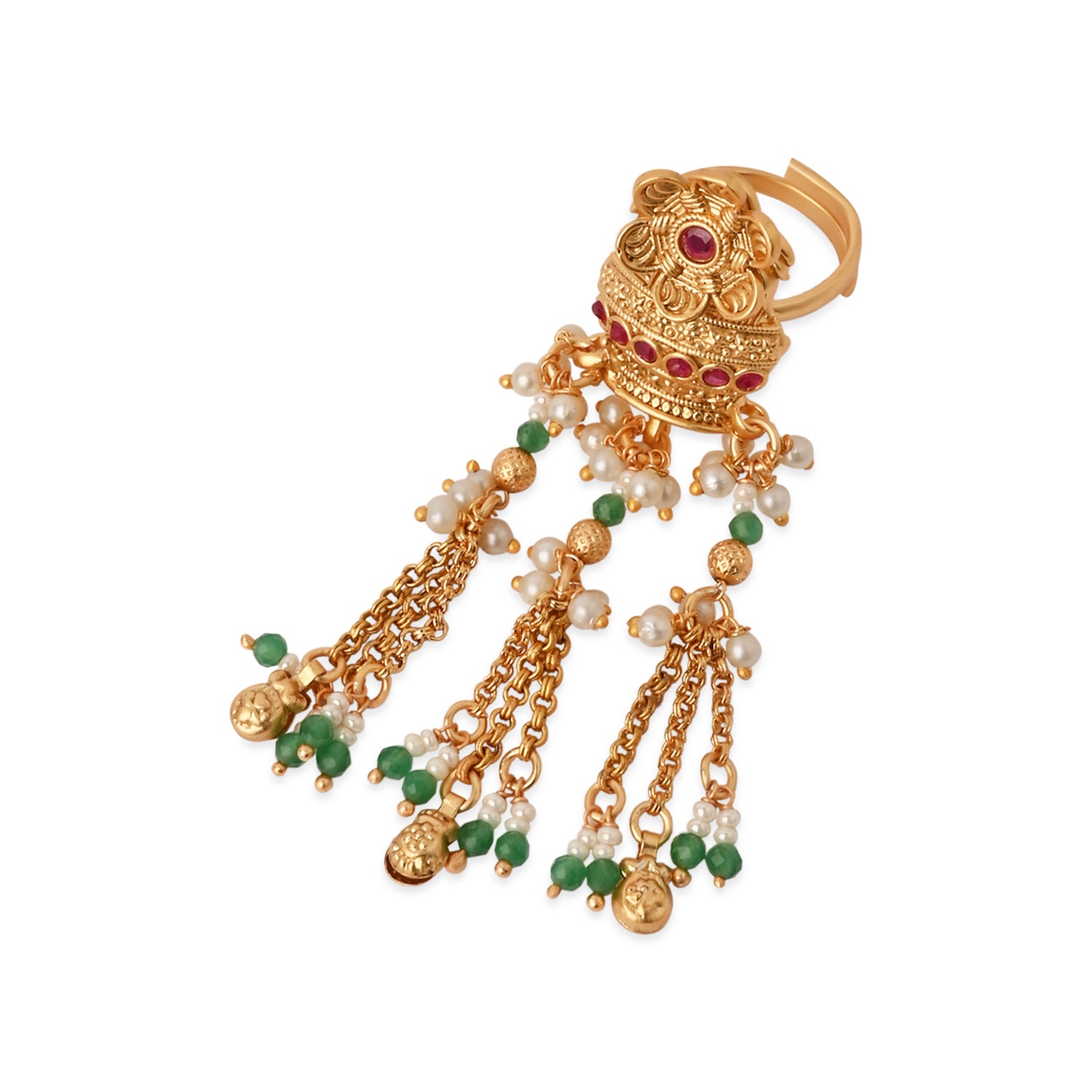 Keyara-Temple Cascade Statement Ring with Green & Pearl Tassels