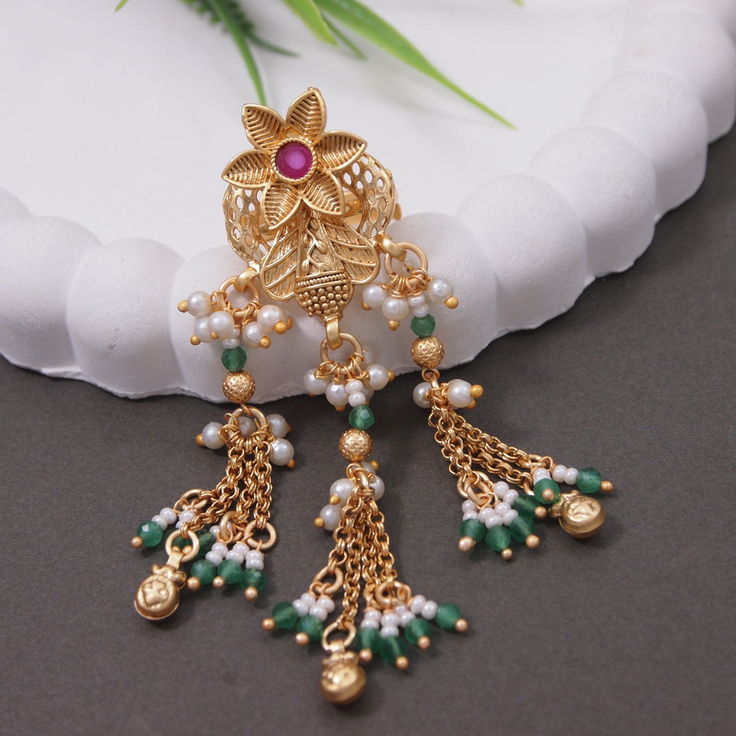 Ziyaana- Floral Tassel Finger Ring with Pearl & Emerald Beads