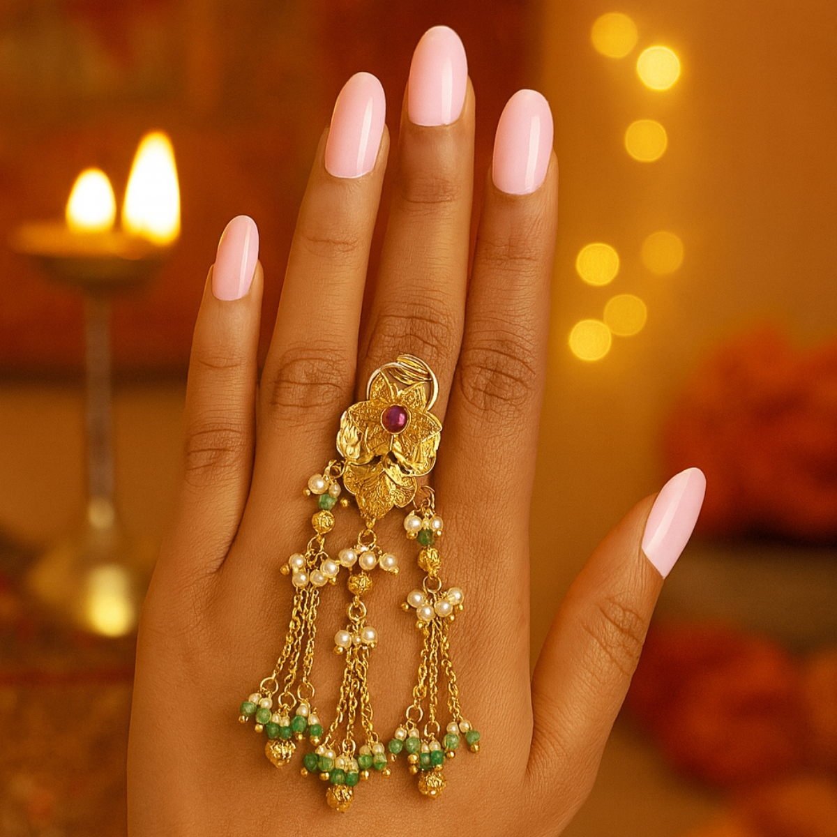 Ziyaana- Floral Tassel Finger Ring with Pearl & Emerald Beads