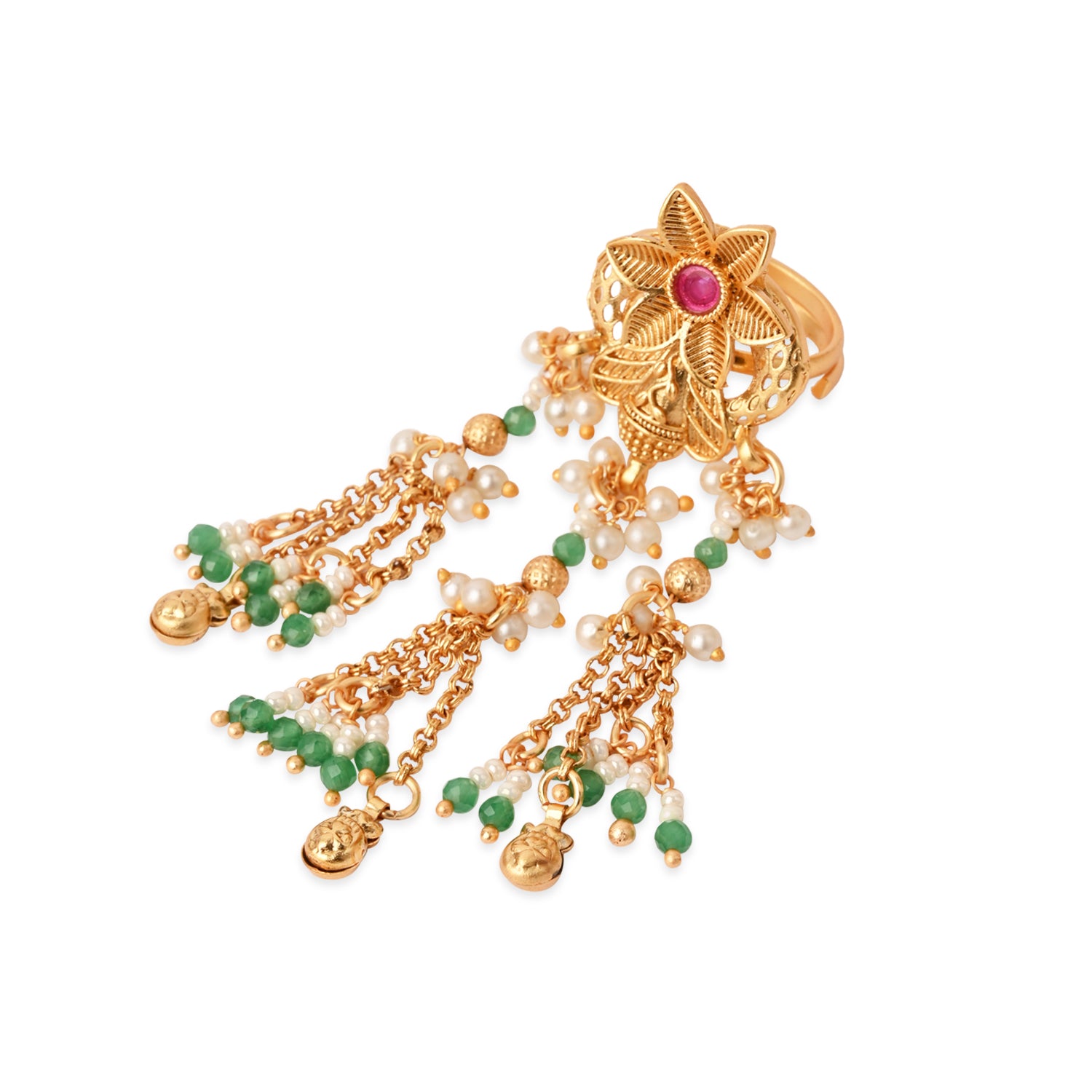 Ziyaana- Floral Tassel Finger Ring with Pearl & Emerald Beads