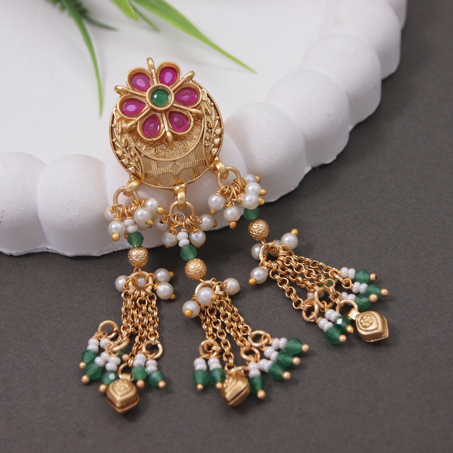 Reya-Antique Floral Dangler Ring with Colorful Stonework