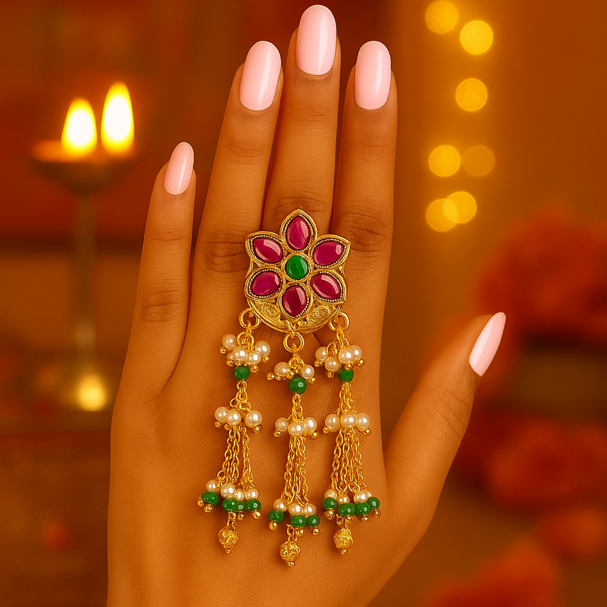Reya-Antique Floral Dangler Ring with Colorful Stonework