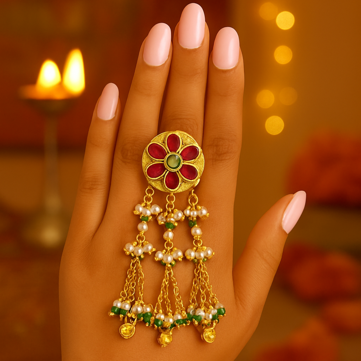 Yuvira-Red-Green Kundan Ring with Pearl Drop Chains