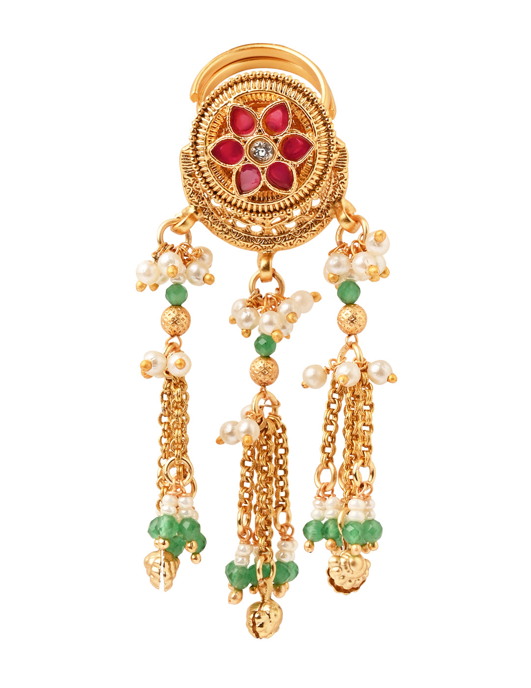 Yuvira-Red-Green Kundan Ring with Pearl Drop Chains