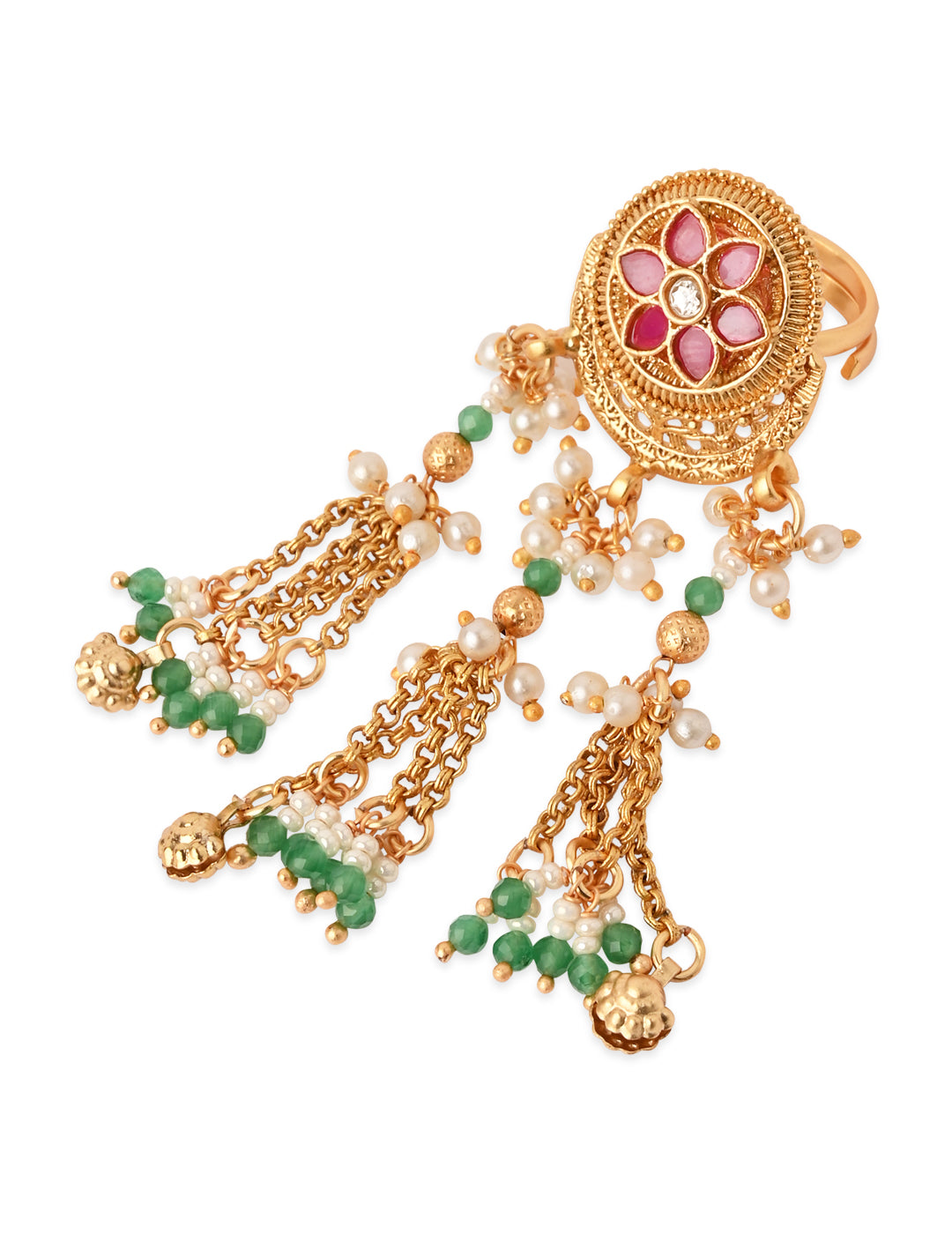 Yuvira-Red-Green Kundan Ring with Pearl Drop Chains