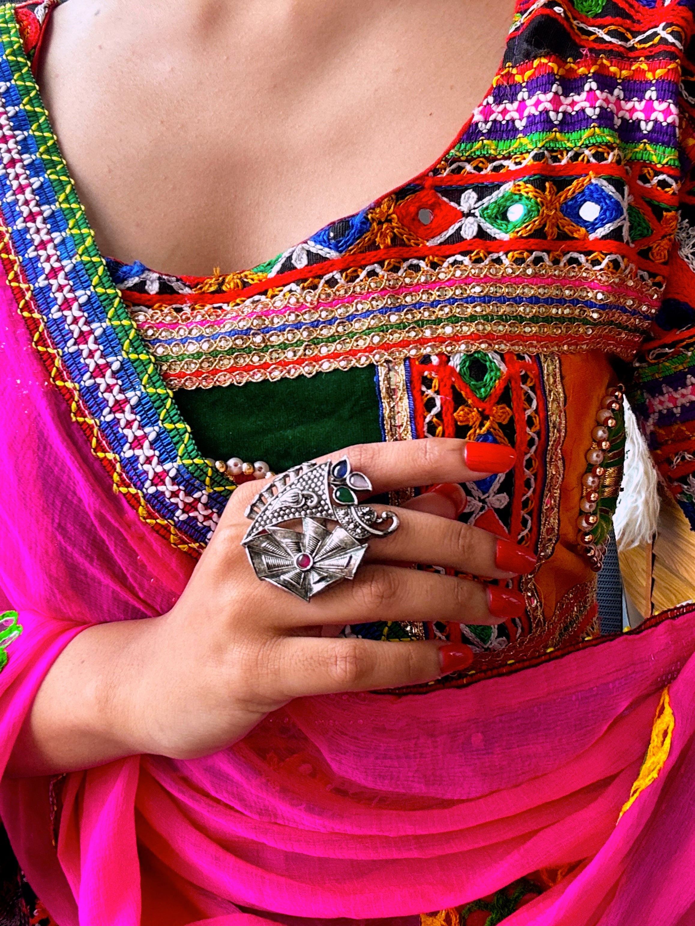 Oxidised fan design kada ring with multicolored stones for traditional festive wear