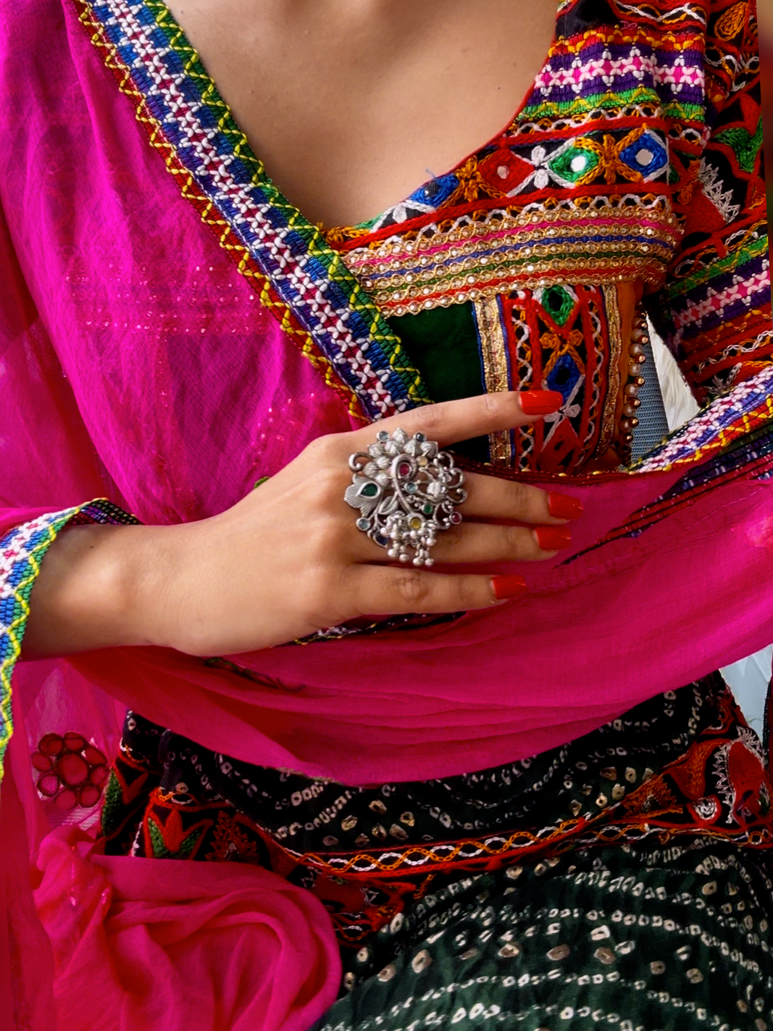 Oxidised floral kada ring with pearls and red stone for Navratri traditional outfit