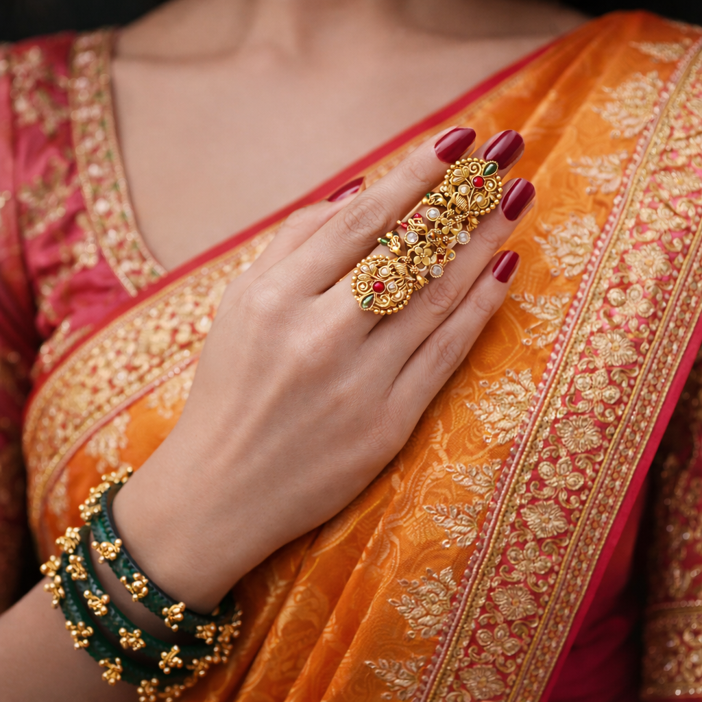 Raviksha - Gold-Plated Floral Full-Finger Ring