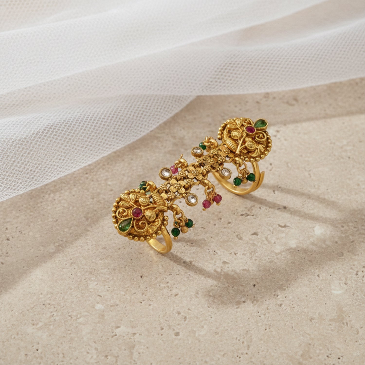 Raviksha - Gold-Plated Floral Full-Finger Ring