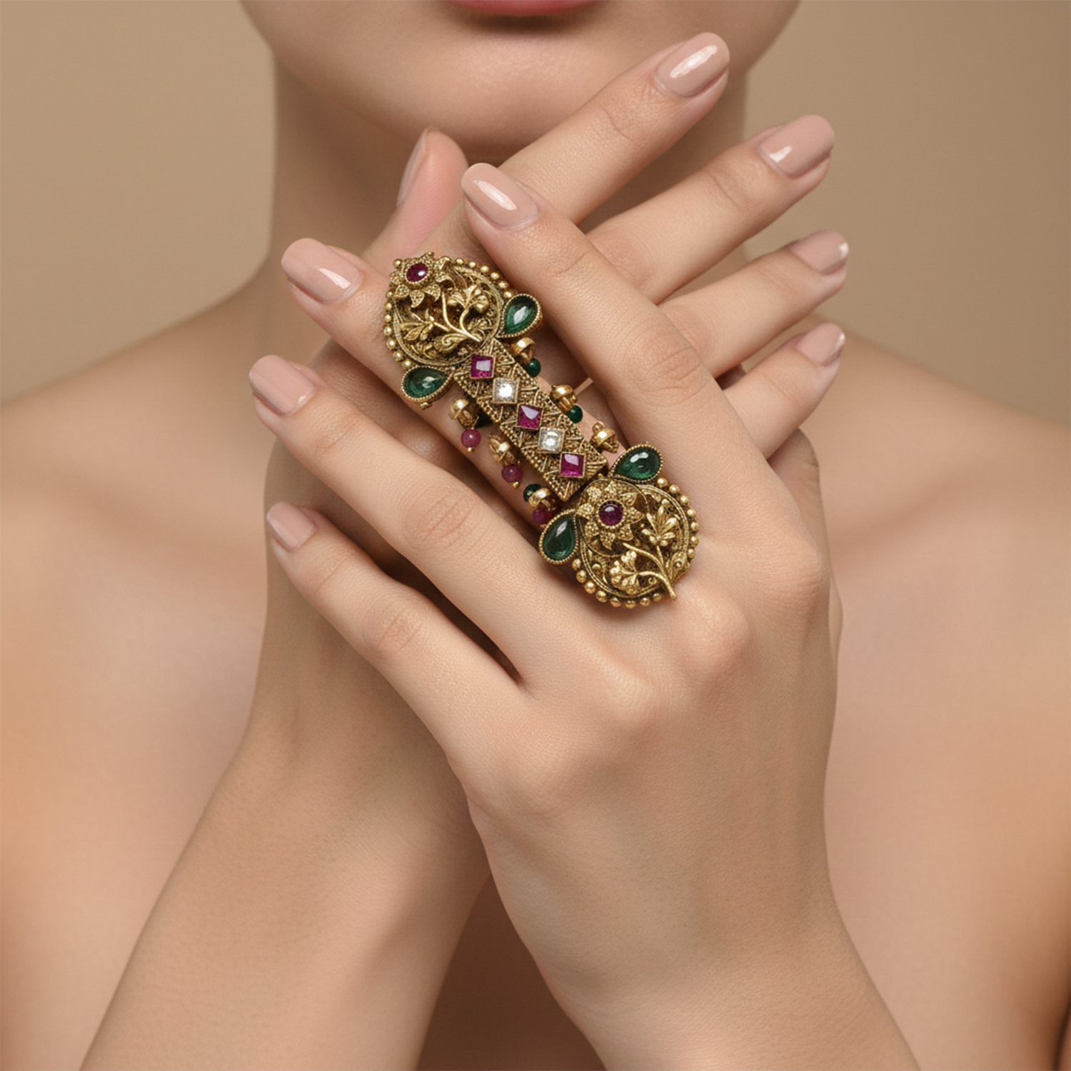 Kalyani- Temple-Glow Antique Full-Finger Ring