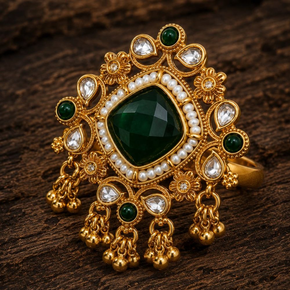 Nirvi- Green Stone Kundan Heritage Latkan Ring