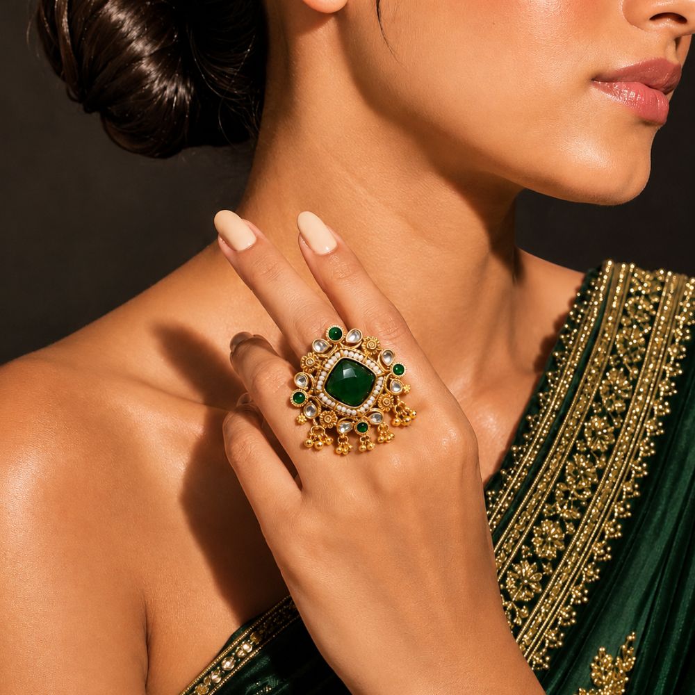 Nirvi- Green Stone Kundan Heritage Latkan Ring