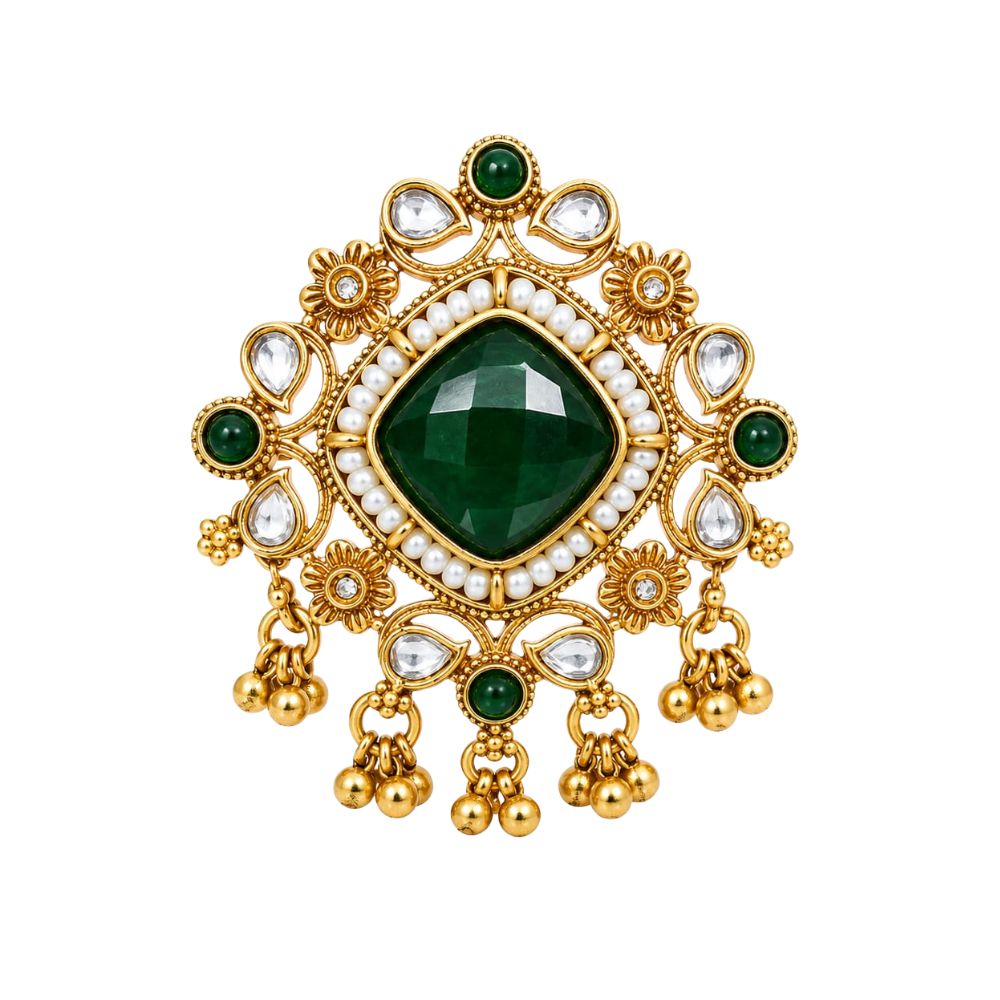 Nirvi- Green Stone Kundan Heritage Latkan Ring