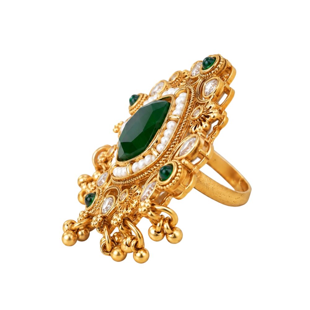 Nirvi- Green Stone Kundan Heritage Latkan Ring