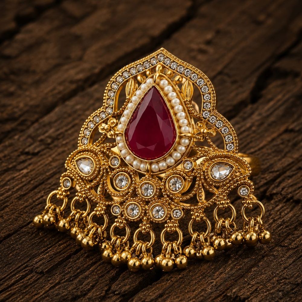 Charvi- Maroon Teardrop Stone Heritage Latkan Ring