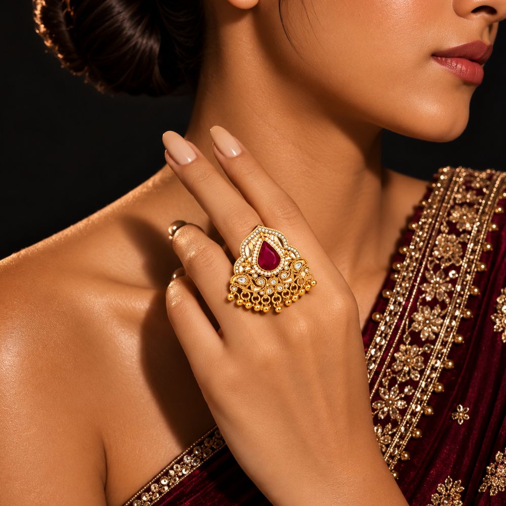 Charvi- Maroon Teardrop Stone Heritage Latkan Ring