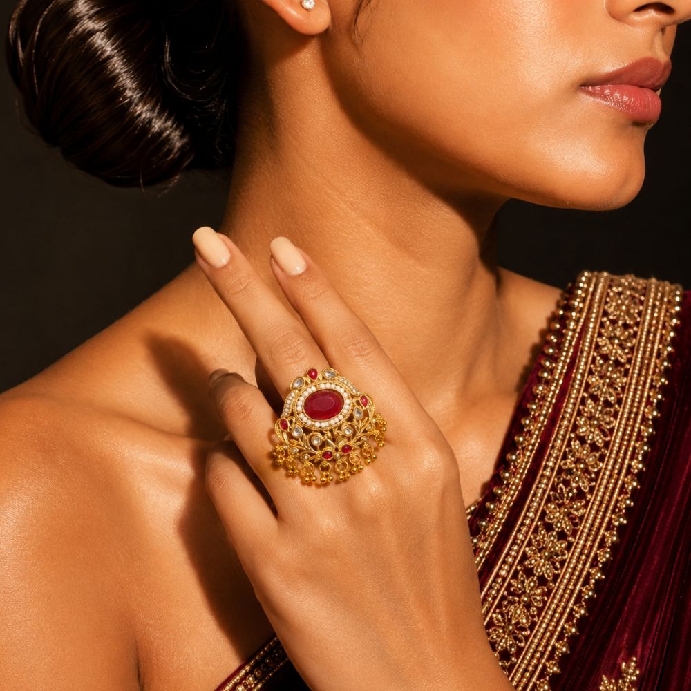 Suchi- Red Stone Peacock Heritage Latkan Ring