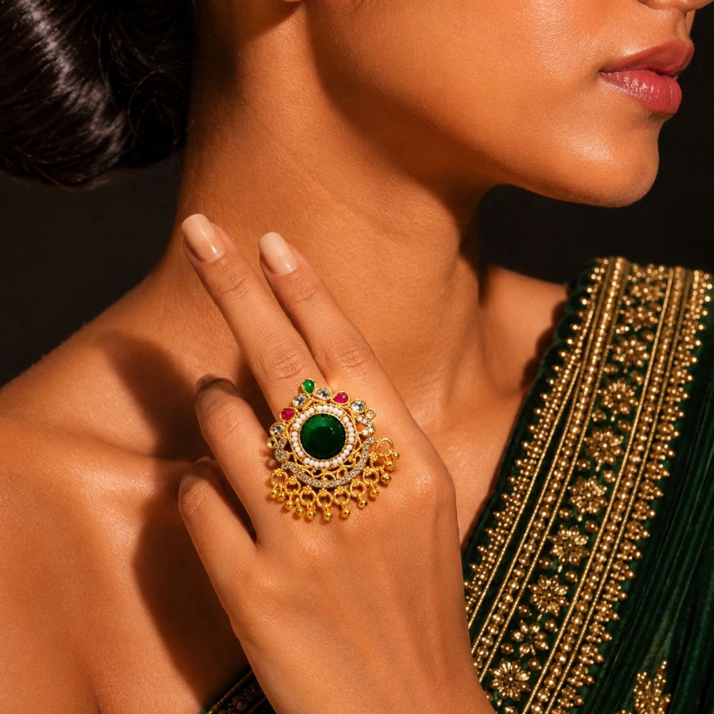 Tapasi- Green Stone Pearl Heritage Latkan Ring