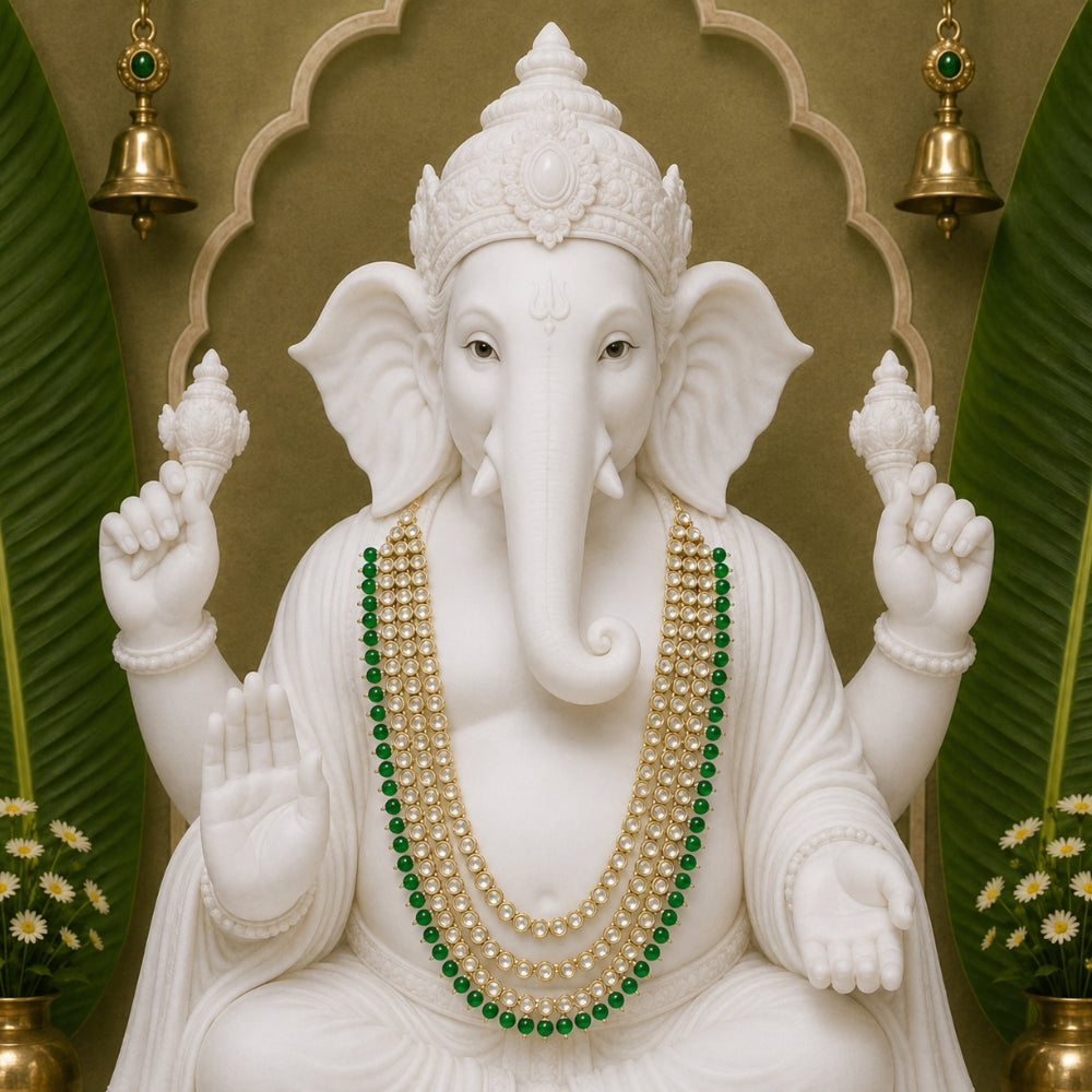 Ganesha Green Pearl & Kundan Mala
