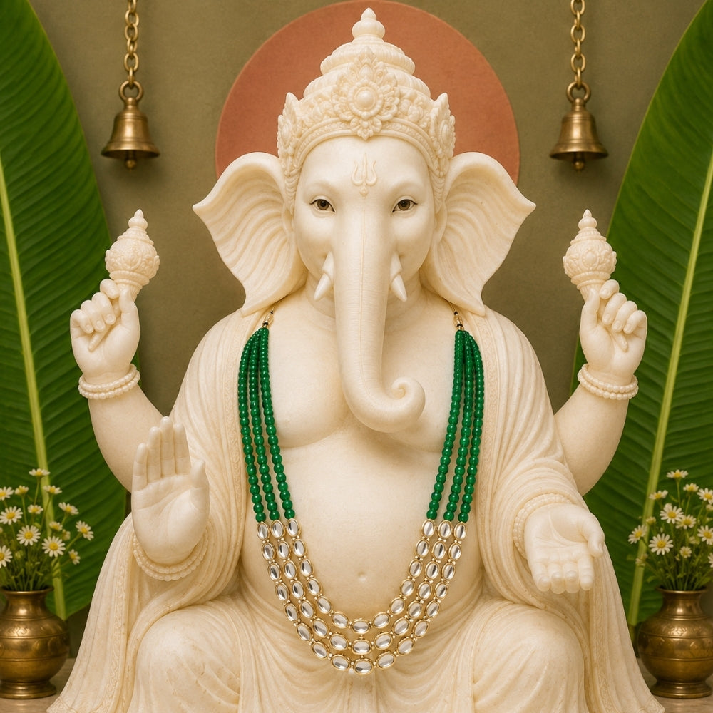 Mangalmurti Green Bead & Kundan Ganpati Mala