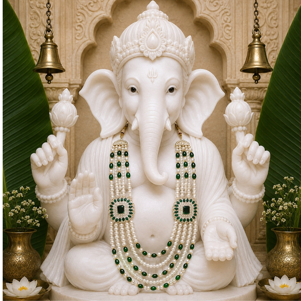 Shubhankara Green Bead & Pearl Ganpati Mala