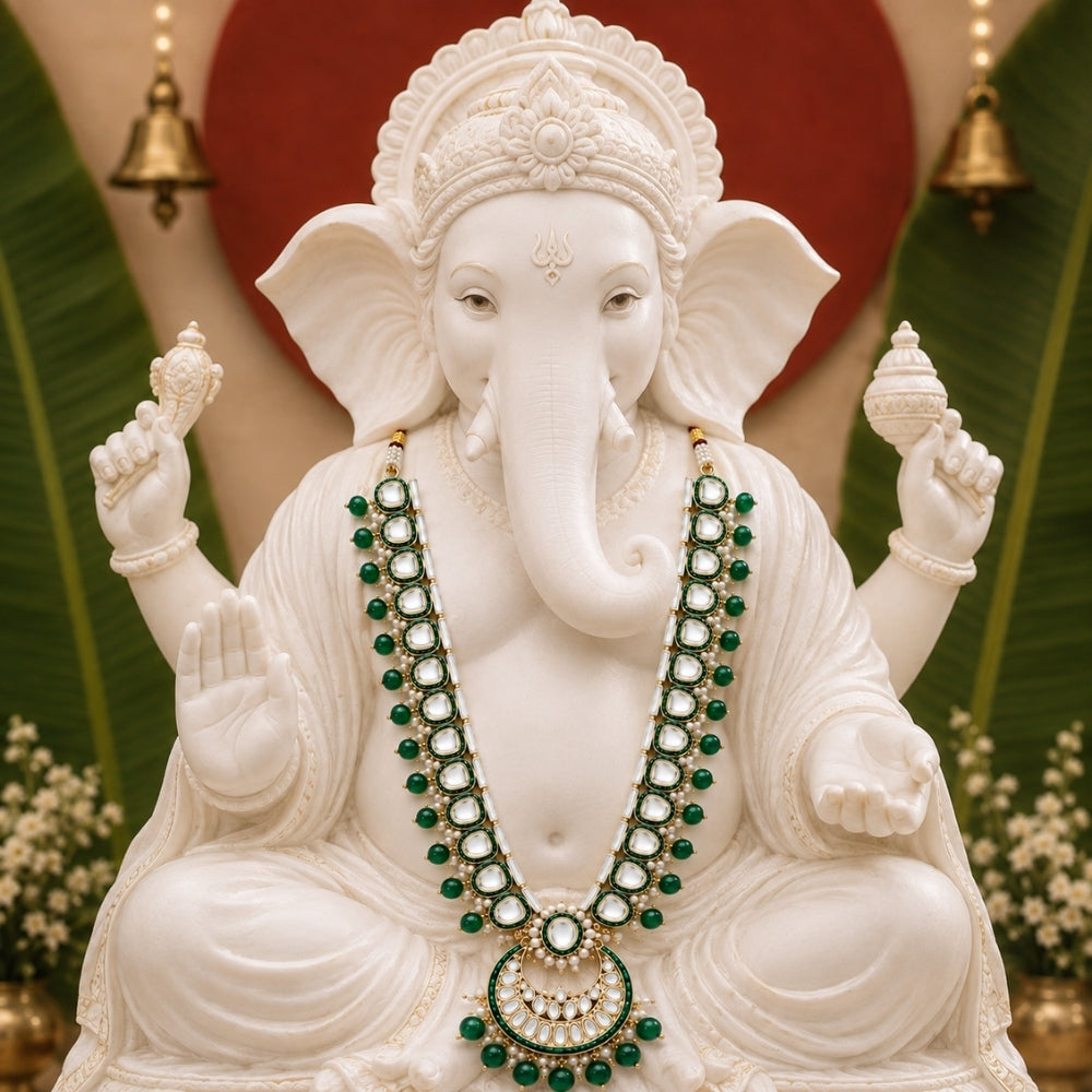Pramukhaya – Green Kundan Long Mala with Beads
