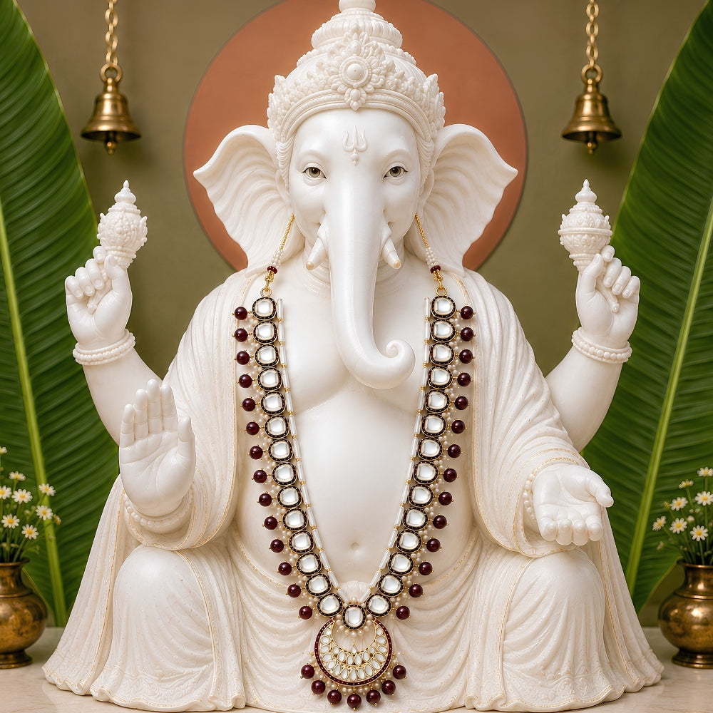 Pramukhaya – Maroon Kundan Long Mala with Beads