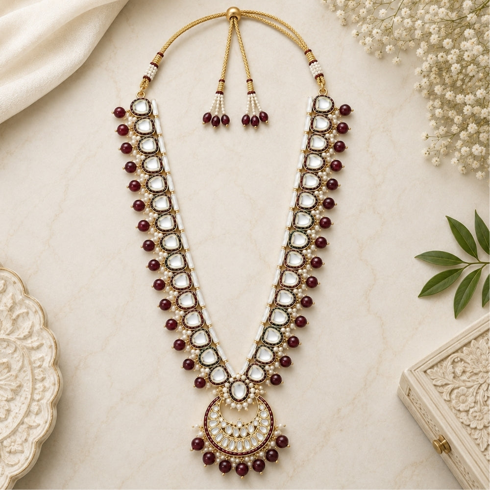 Pramukhaya – Maroon Kundan Long Mala with Beads