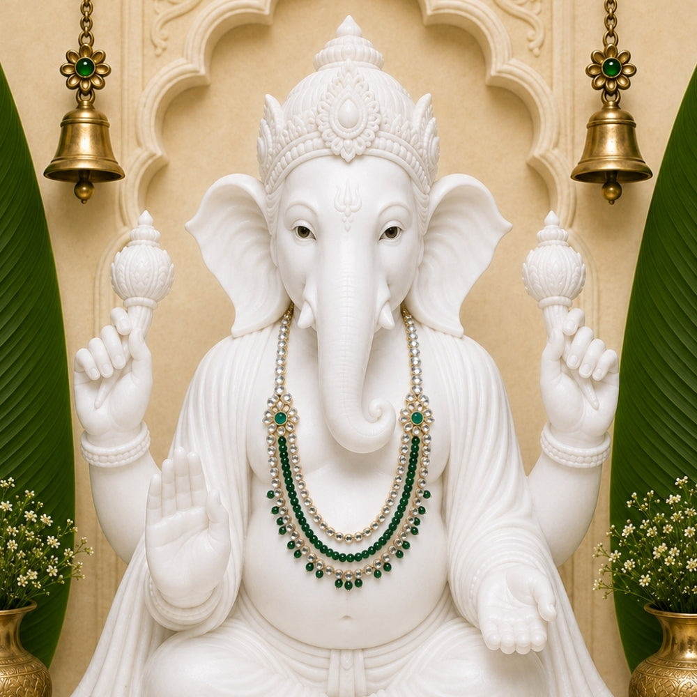Bhalchandra Green Bead & Kundan Ganpati Mala