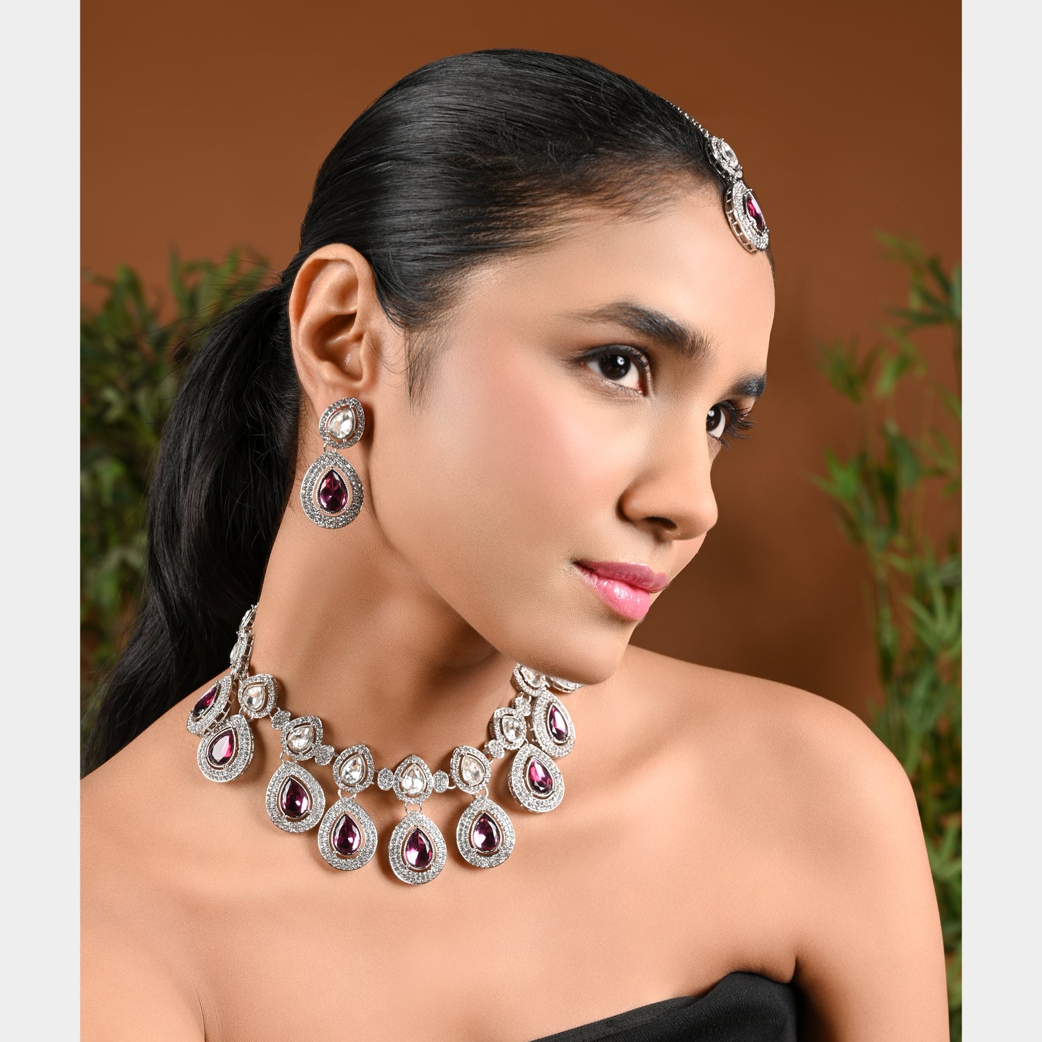 Hamsika Rhodium Wine Choker Set