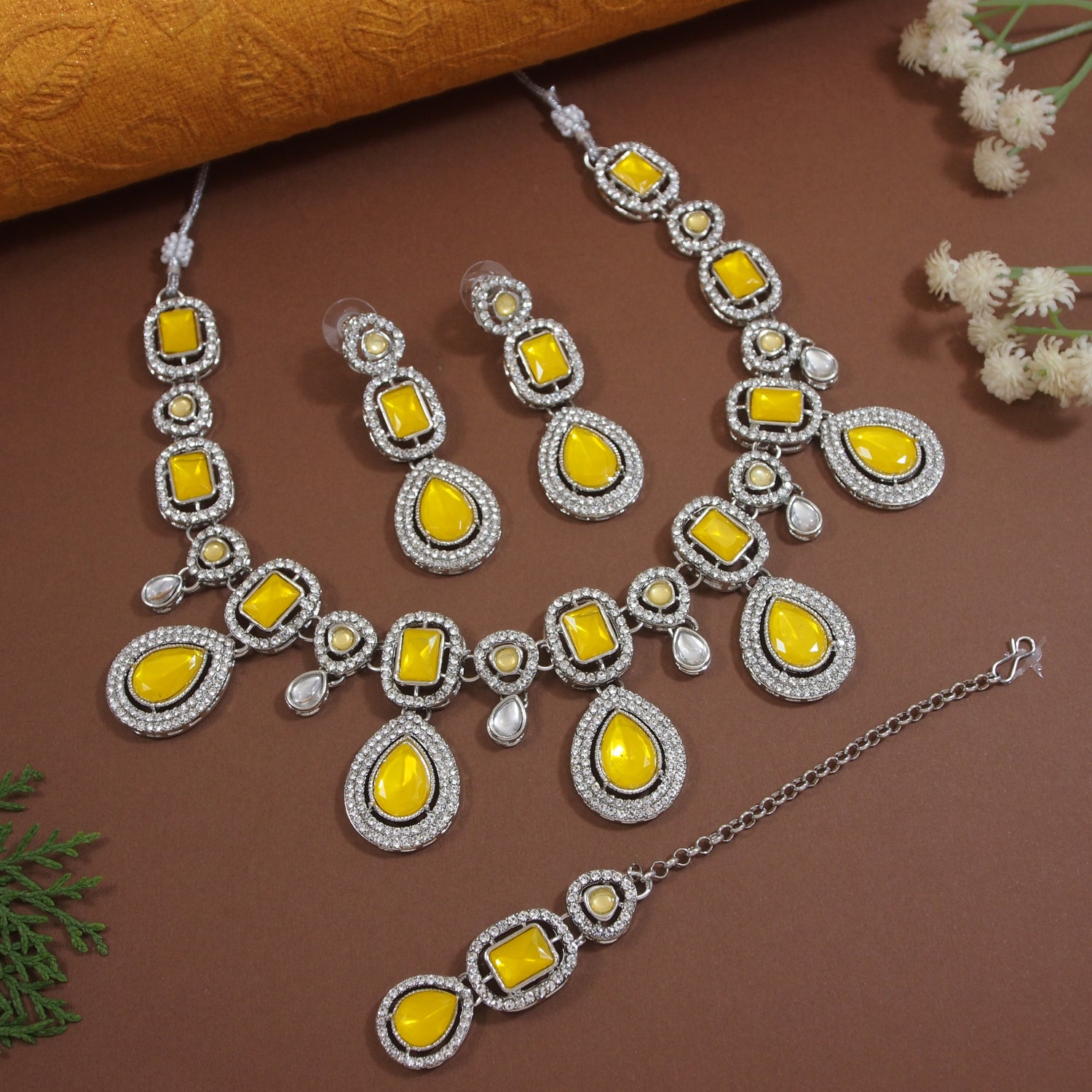 Kundan stone silver jewellery sets 