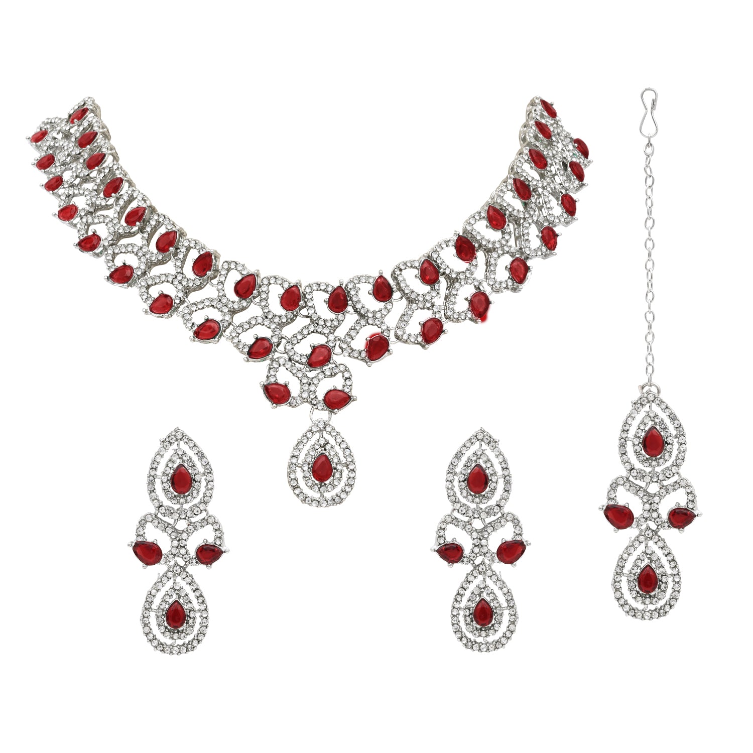Avnaya Silver Maroon Necklace Set