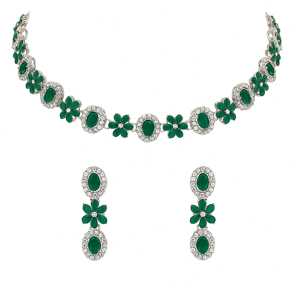 Rishwika Silver Green Necklace Set