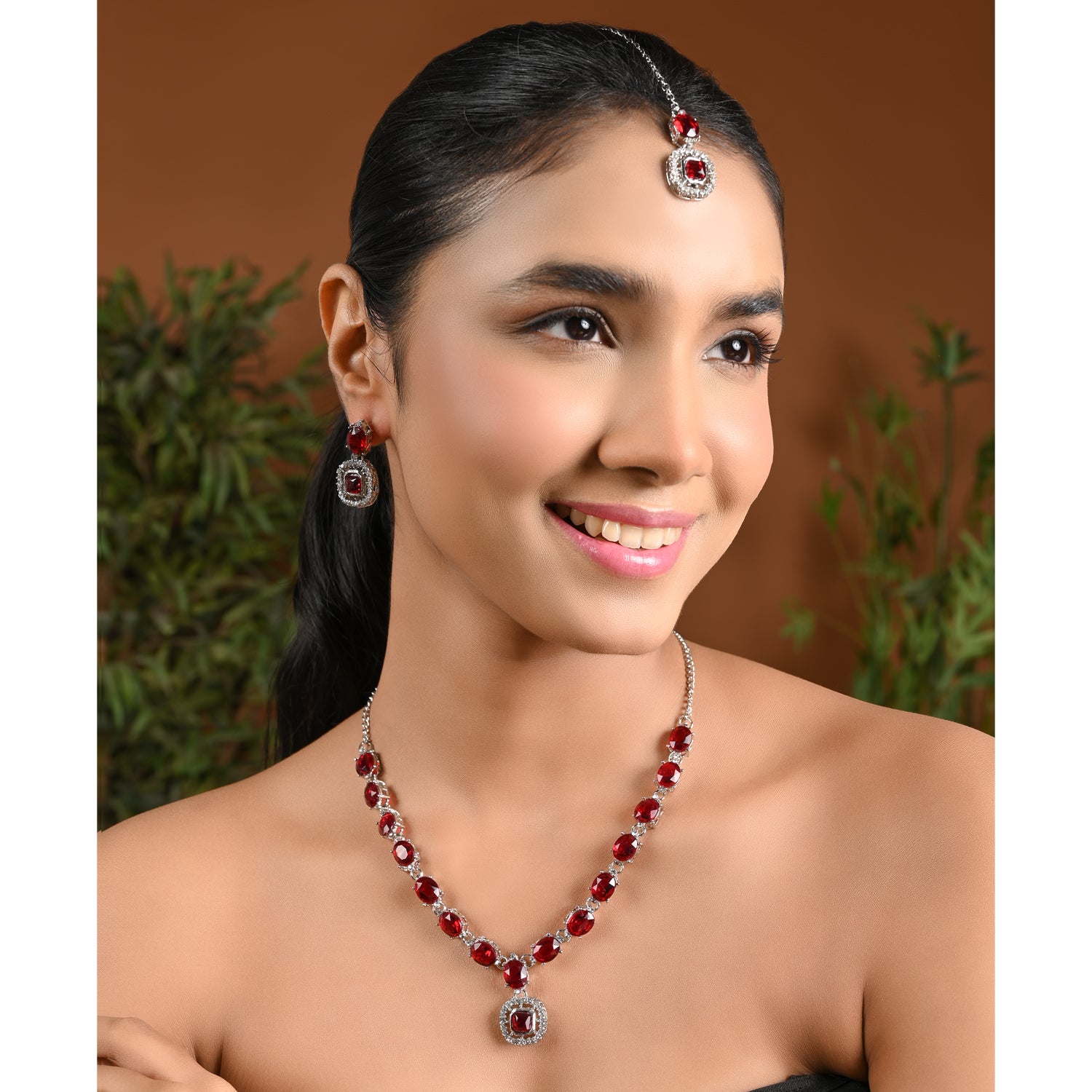 Sivanya Silver Maroon Necklace Set