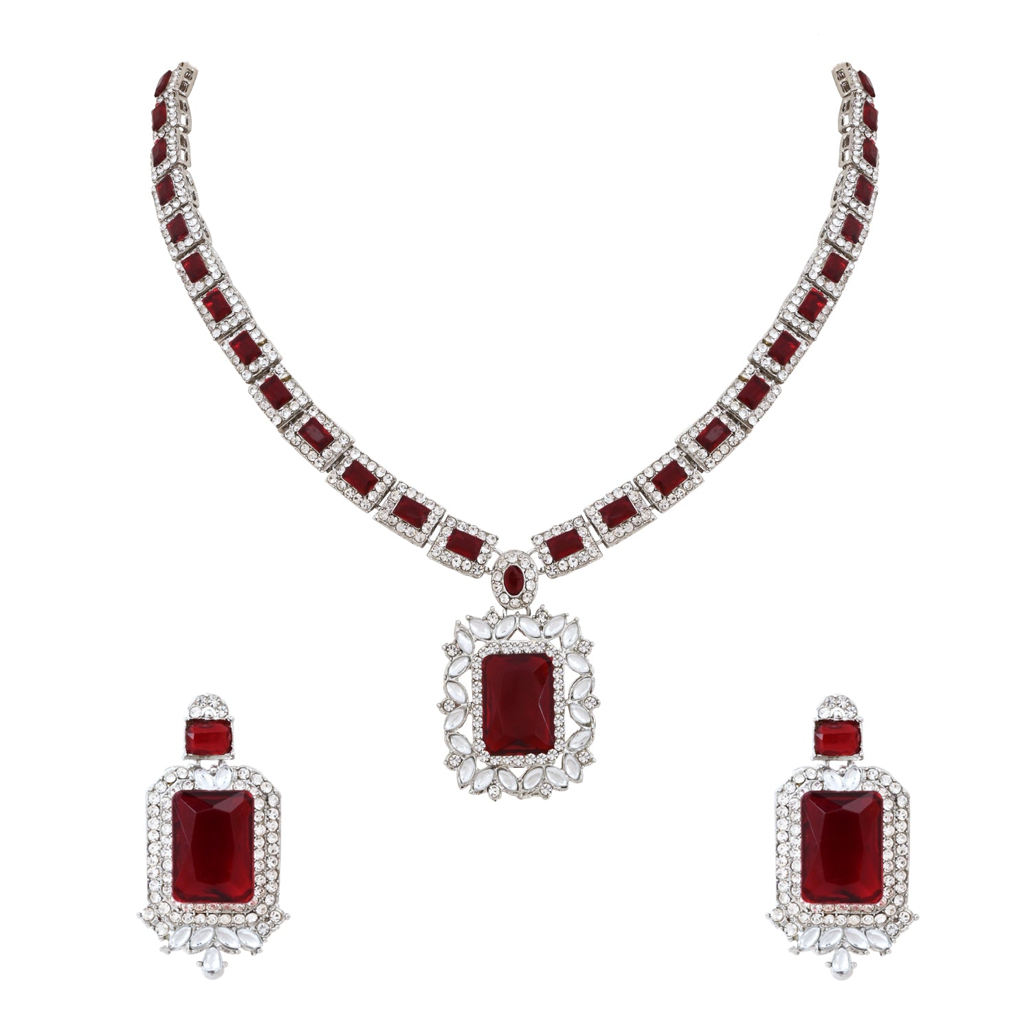 Vrinaya Silver Maroon Necklace Set