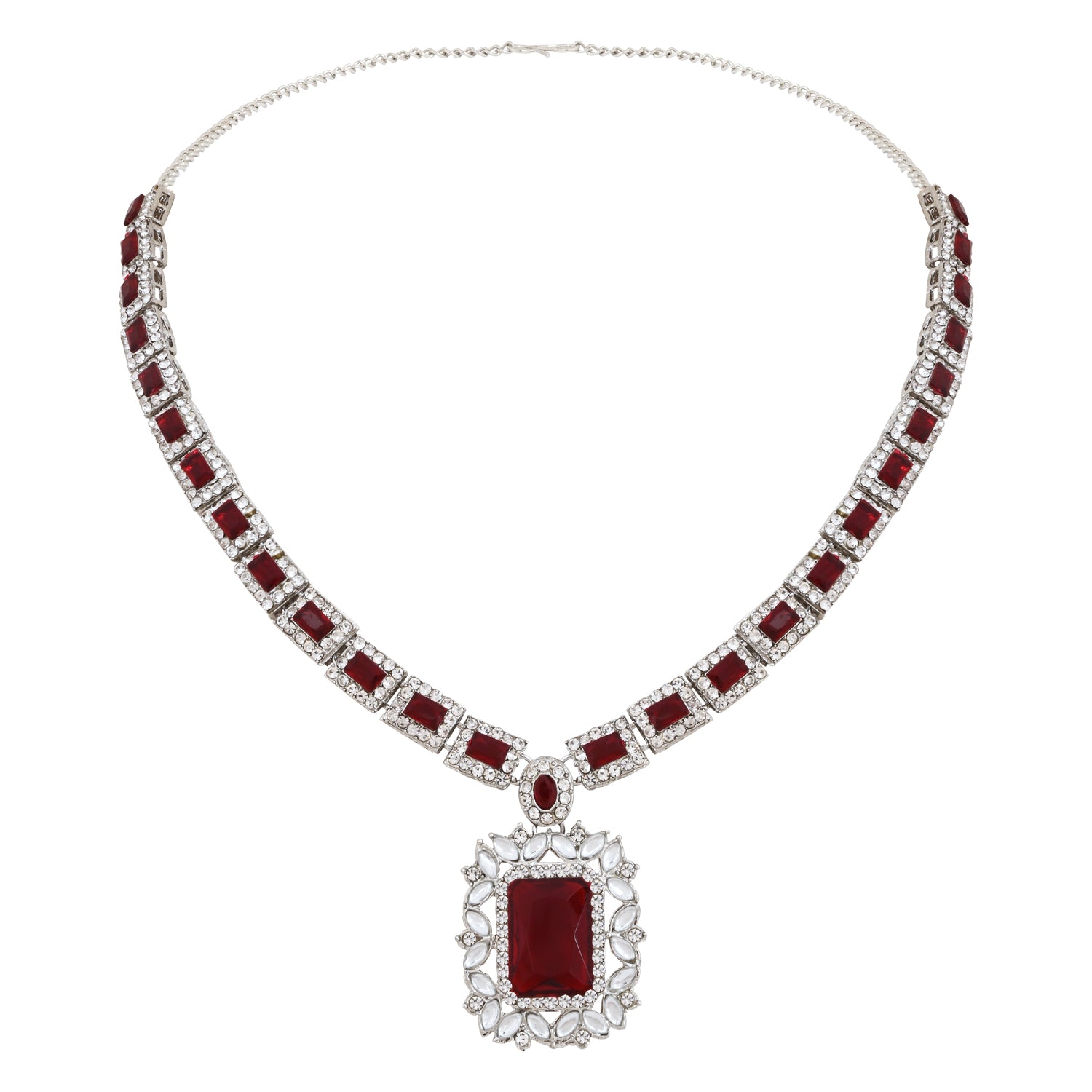 Vrinaya Silver Maroon Necklace Set