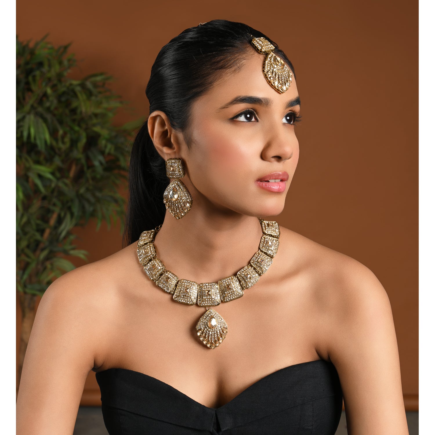 Qiyara - Gold Plated Antique Temple Necklace Set