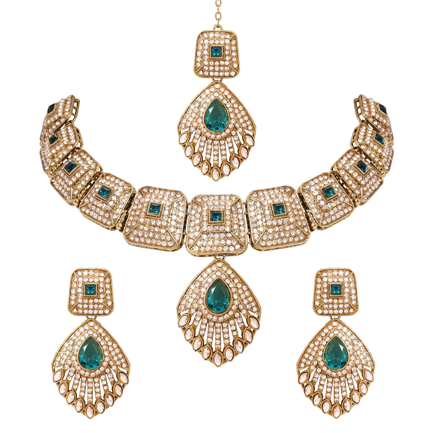 Qiyara - Pure Green Antique Temple Necklace Set
